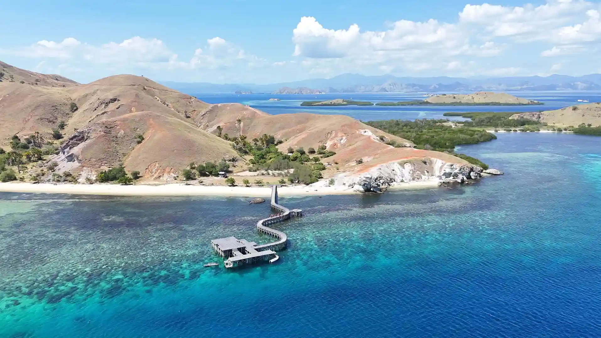 Island beach with savanna hills and fringing reef seen from the air