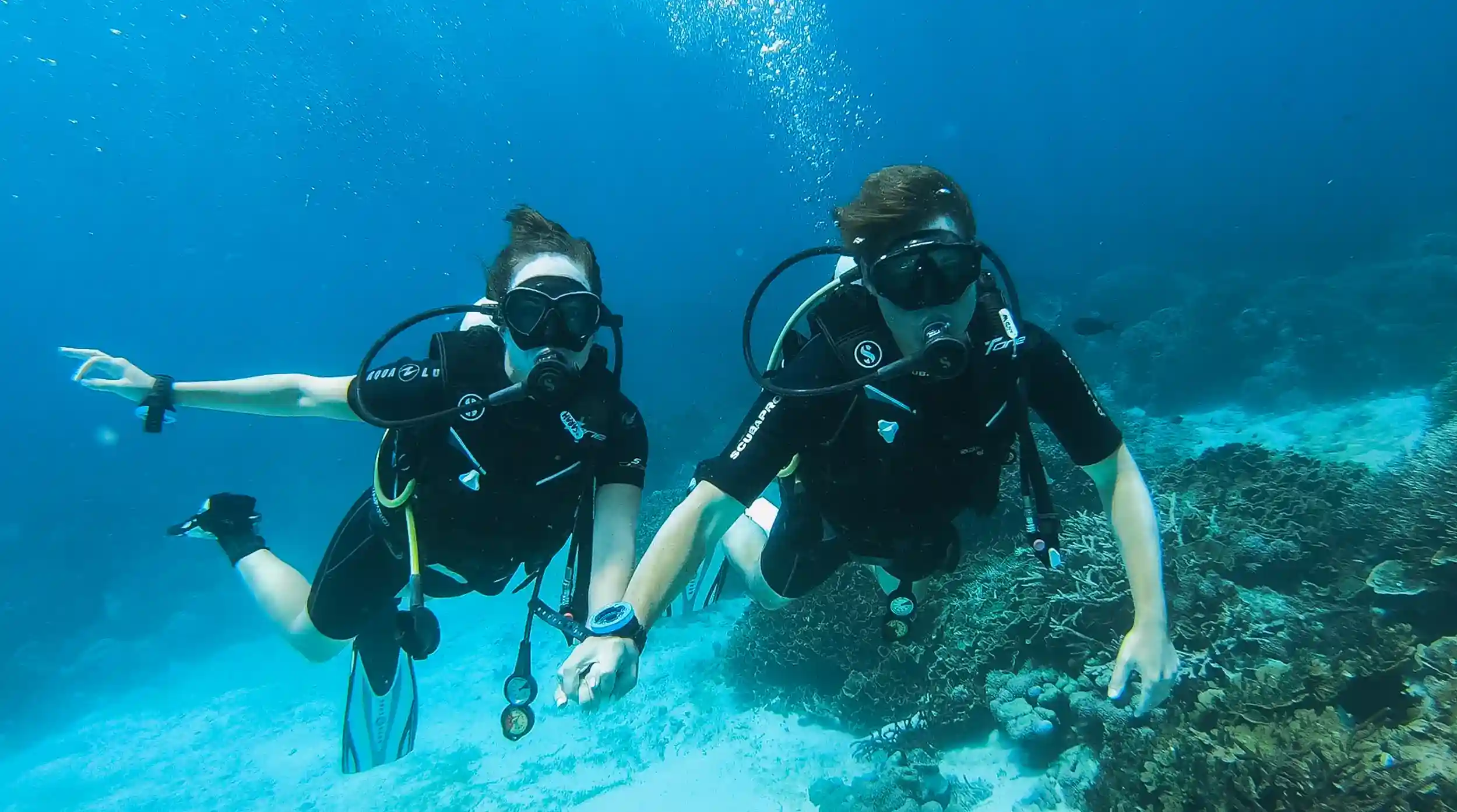 Two divers side by side on a reef during PADI Open Water training