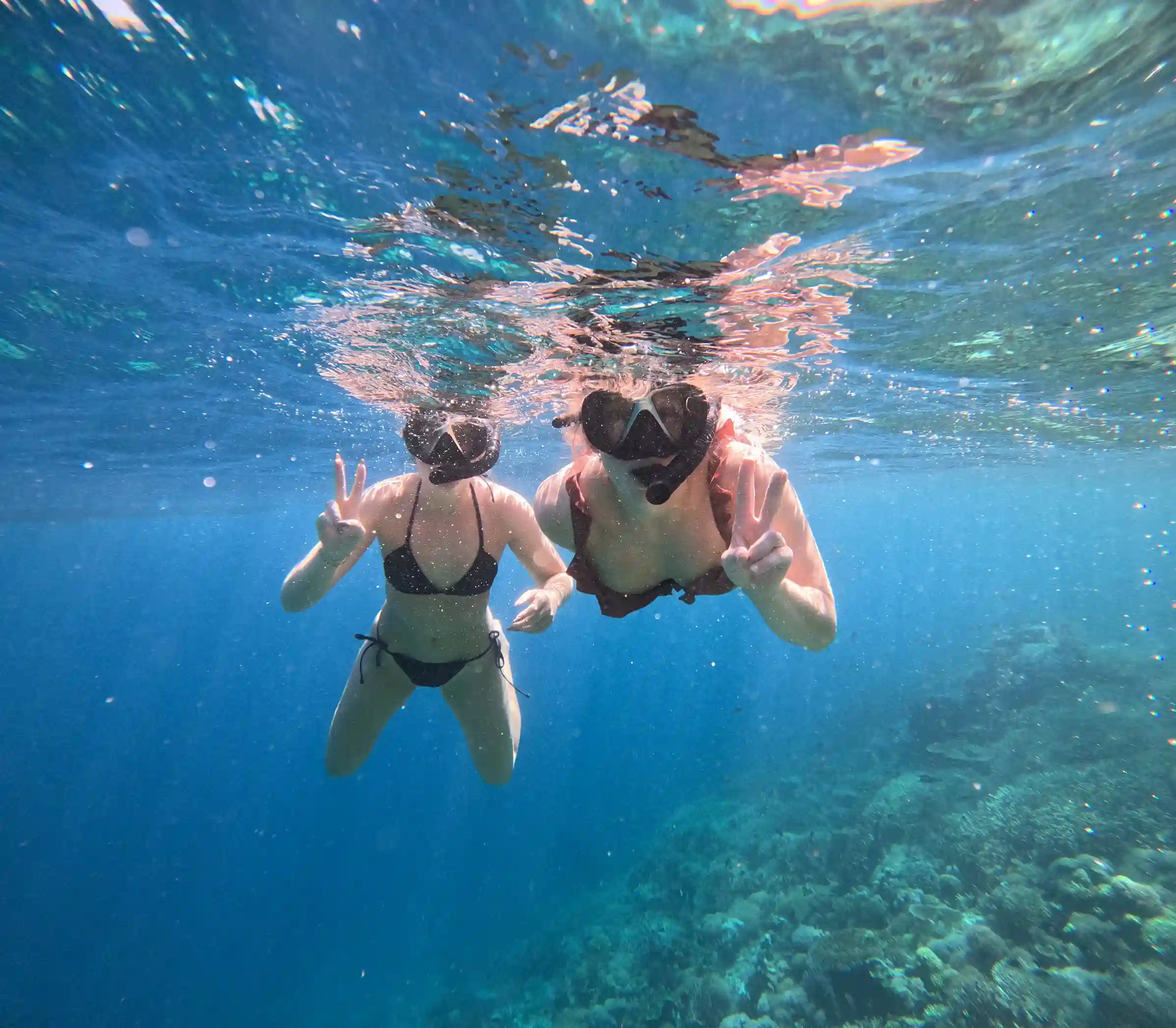 Two guests in masks just below the surface of clear water